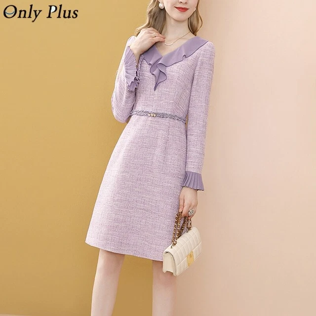 Plus French Pink Tweed a-Line Dress For Women Winter Woolen Dress Peter