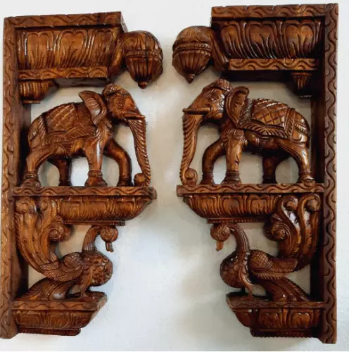 24" Wooden Elephant Wall Corbel with Peacock Pair Vintage Style wall Bracket New