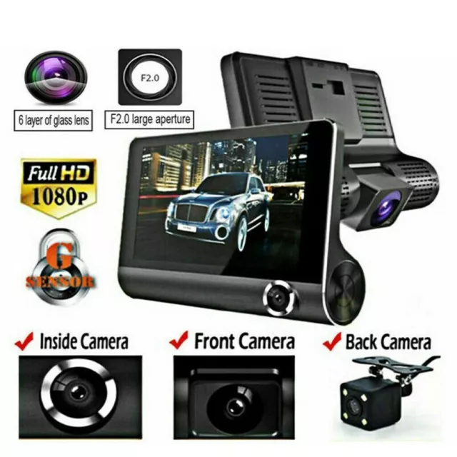 4" 3 Lens Car DVR Dash Cam 1080P Front and Rear Video Recorder Camera G-sensor