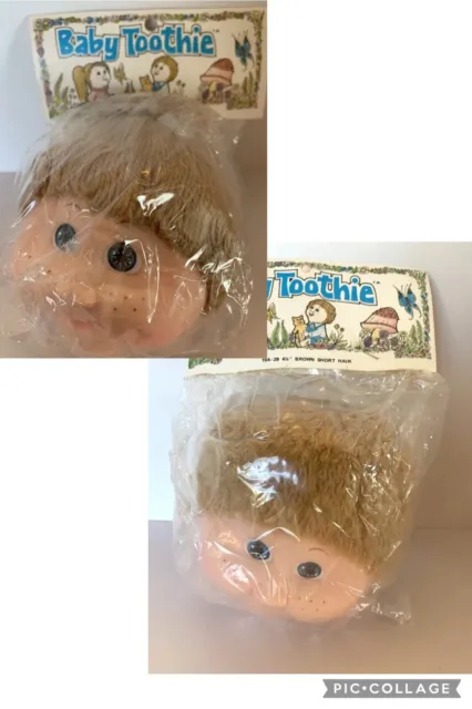 (2) Doll Heads Baby Toothies Brown Ponytail & Short Hair 1984 Mangelsen's 4 1/2"