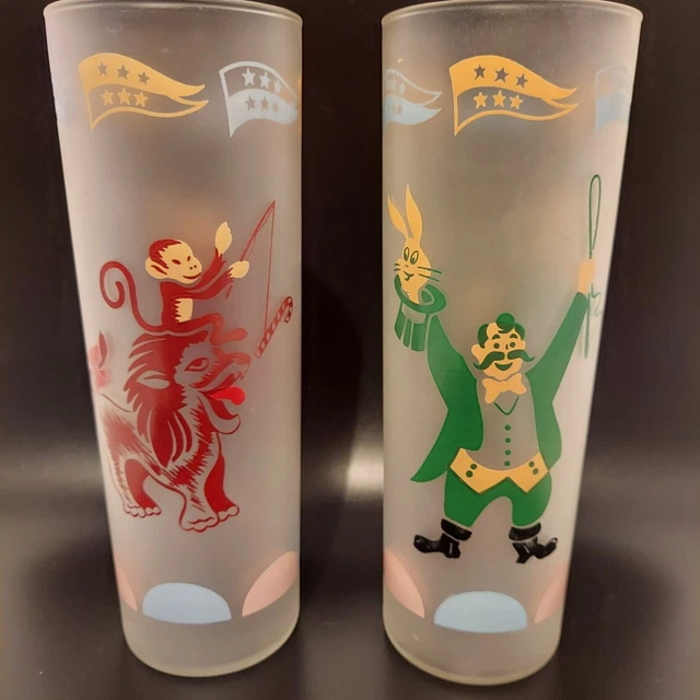 1950s LIBBEY Collins Highball VTG Atomic Barware Glasses Circus Monkey Lion Set