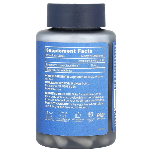 PROHEALTH LONGEVITY, PTEROSTILBENE Pro 250, 250 mg, 60 Caps £49.99 ...