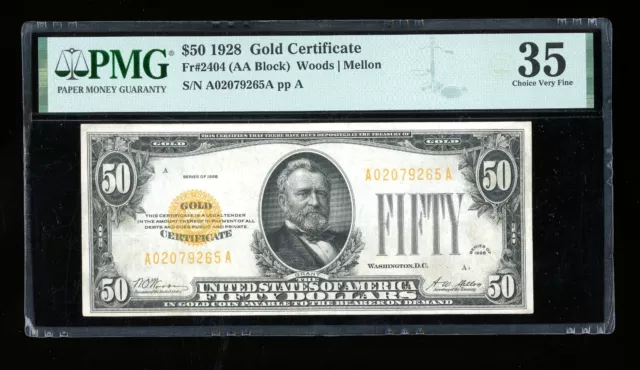 DBR 1928 $50 Gold Certificate Fr. 2404 PMG 35 Serial A02079265A