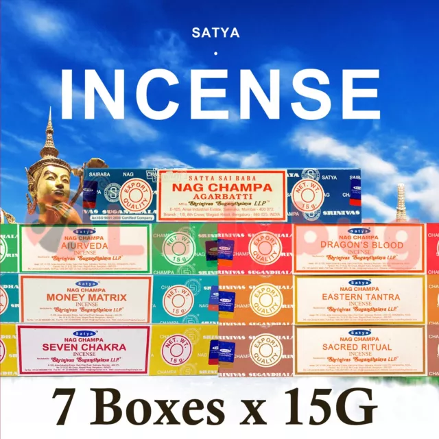 7 Boxes Mixed Variety Pack Nag Champa Satya Incense Sticks 15g - Set C