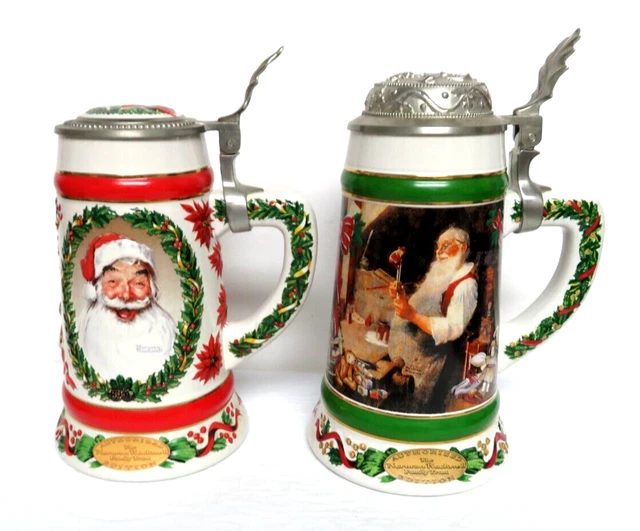 Norman Rockwell Jolly Santa and Santa's Workshop lidded steins