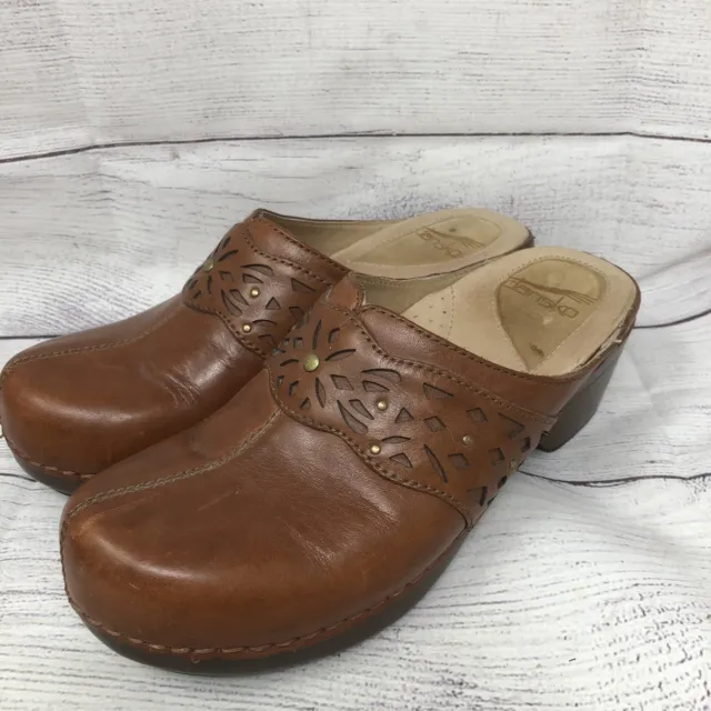 Dansko Shyanne Womens Brown Leather Slip On Clog Shoes Size 37 Casual Mules