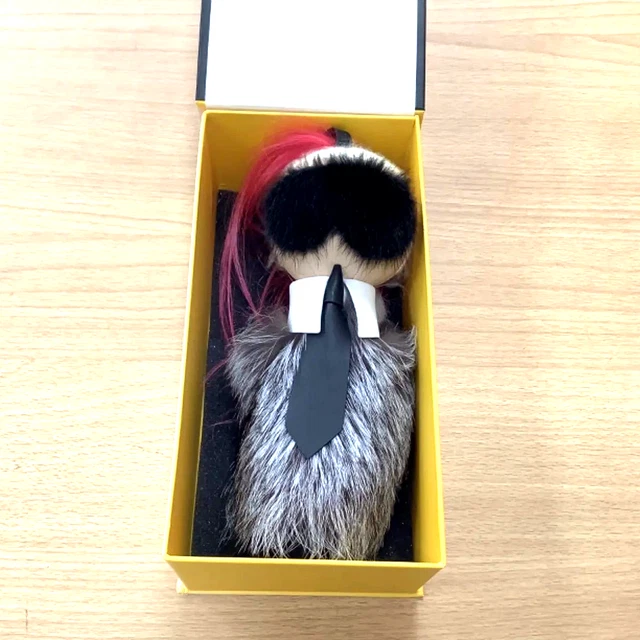 FENDI Karl Lagerfeld Karlito fox fur Red hair leather bag charm w/Box Rare JP