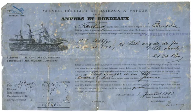 Anvers et Bordeaux.1893. Service régulier des bateaux à vapeur.Voir recto-verso.