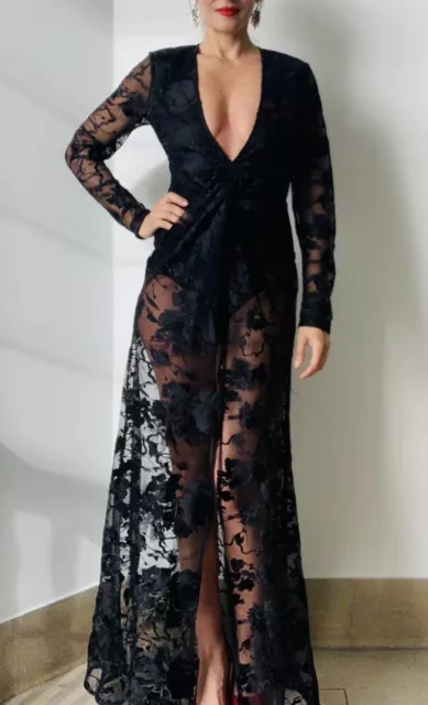 MISSGUIDED PEACE + Love Black Floral Pattern See Through Lace Maxi