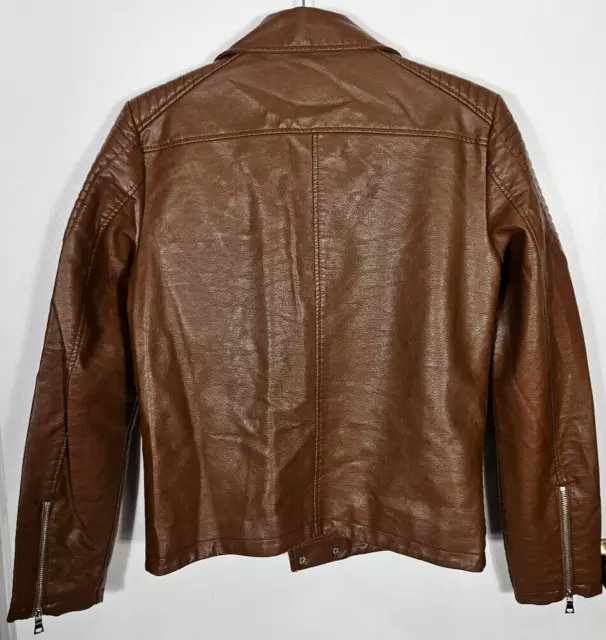 Forever 21 Men Men's Size Medium Brown Faux Leather Jacket Zip Front Pockets NWT 2