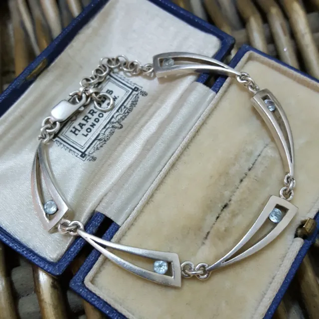 Vintage 925 Sterling Silver Bracelet, Art Deco Design, Blue Topaz, Adjustable