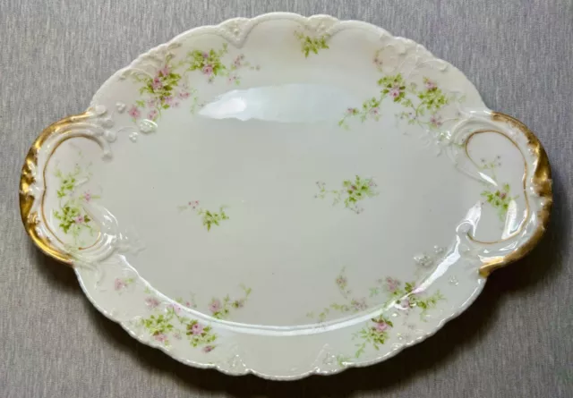 France - Antique Limoges Oval Serving Plater - Floral Pattern -Gold Trim Handles