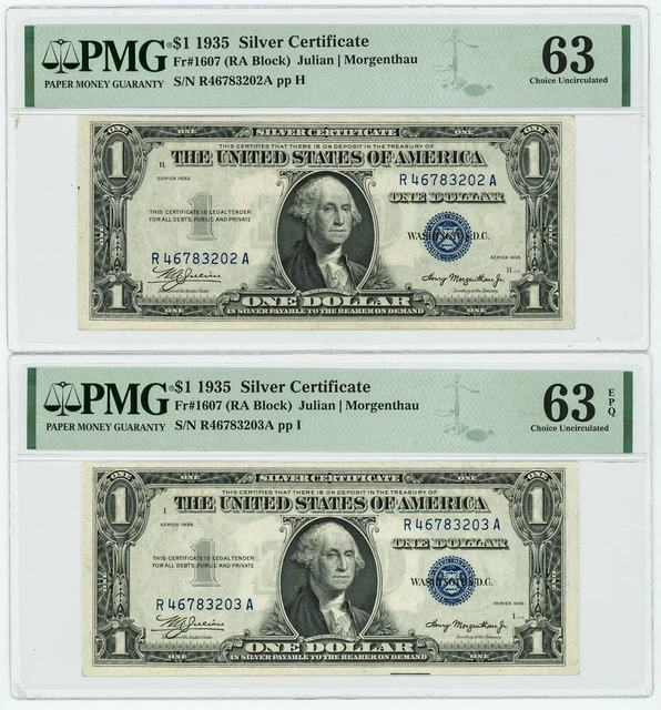 Fr#1607 $1 (2) Consec 1935 Silver Certs Rare R/A Block 63/63EPQ PMG DC-6061