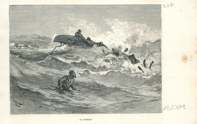 Le naufrage tempête dans l'océan Indien au Malawi et du Mozambique GRAVURE 1888