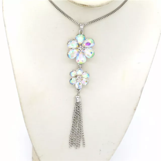 Hot Betsey Johnson AB Crystal Flower Bling Tassel Rhinestone Pendant Necklace