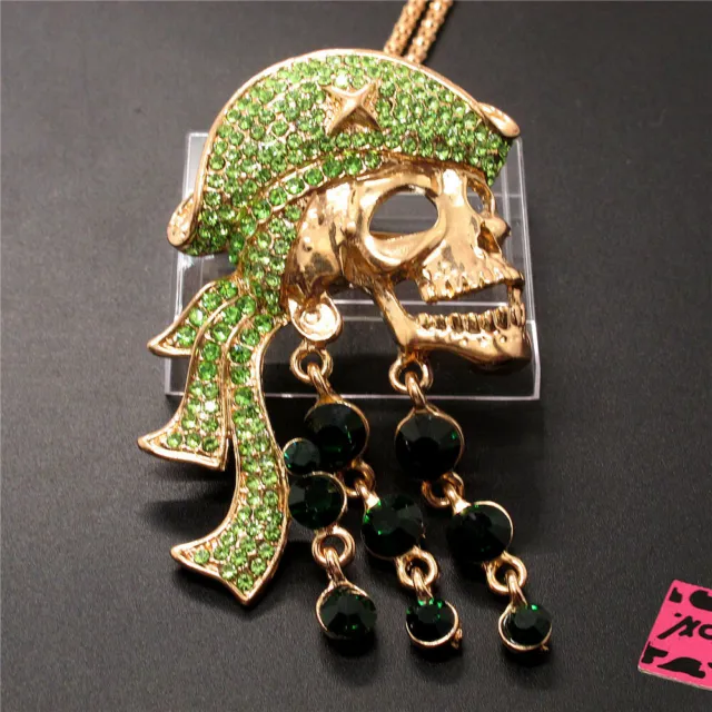 Betsey Johnson Rhinestone Green Pirate Skull Crystal Sweater Chain Necklace