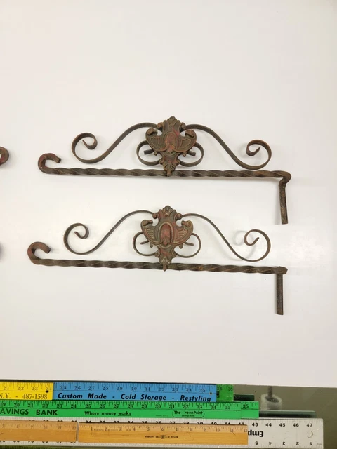 4x Antique Wrought Iron Swing Arm Curtain Brackets - Art Nouveau 3