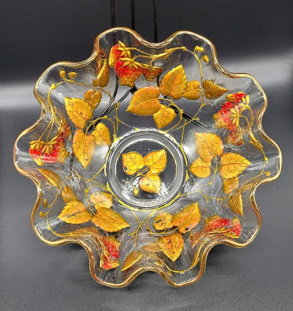 Large Victorian Goofus Hand Painted Strawberry Vine & Gold Scalloped Glass Bowl