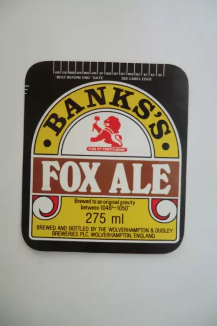 1984 Wolverhampton & Dudley Breweries Banks's Fox Ale  Brewery Beer Bottle Label