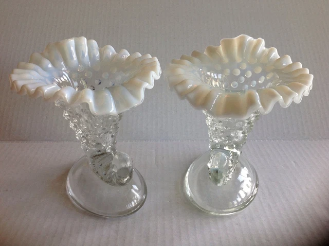 2 Fenton Clear Hobnail Cornucopia Vases Candle Holders Ruffled Milk Glass Rims