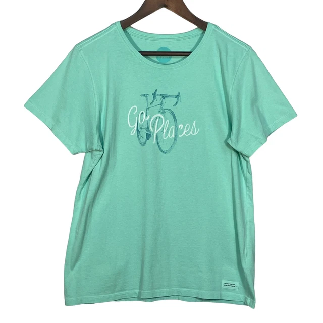 Life is Good Graphic Tee Shirt Women Size L Green Go Places Bike Cotton Classic