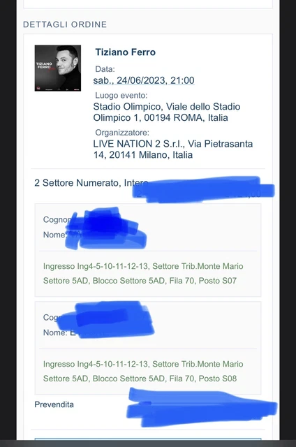 Tiziano Ferro 2 Biglietti concerto Stadio Olimpico ROMA 24 giugno 2023