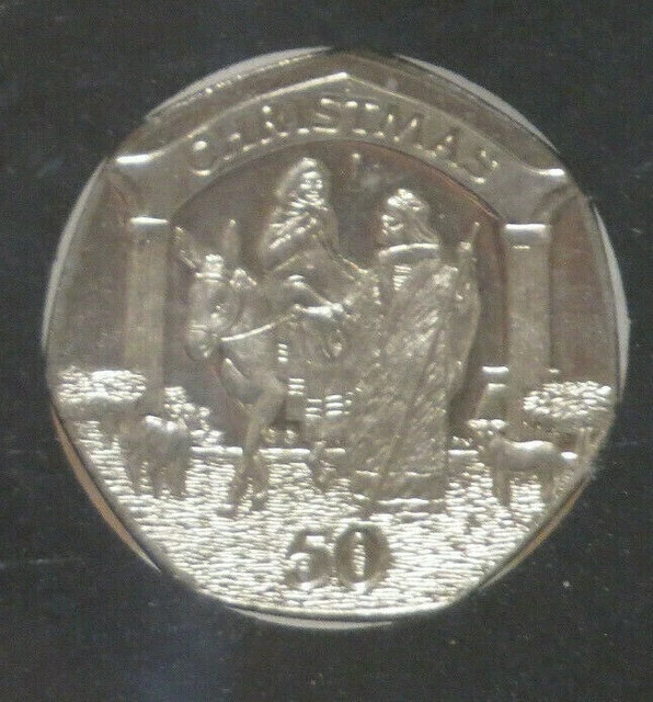 2003 Gibraltar 50p BUNC Christmas Coin,MARY AND JOSEPH Diamond Finish COA