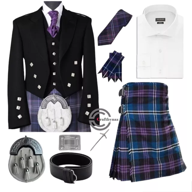 Scottish Prince Charlie 9 PCS Scottish Outfit Traditional 8 Yard Men Kilt Set