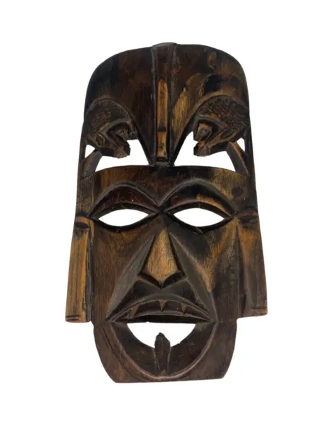 TRIBAL MASK Vintage Wood Hand Carved Solid African 7" Folk Art Hanging