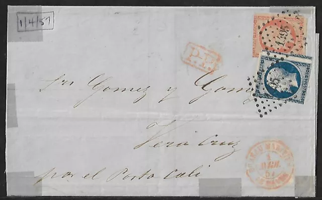 France To Mexico Veracruz W/ 2 Imperf Stamps On Cover 1857