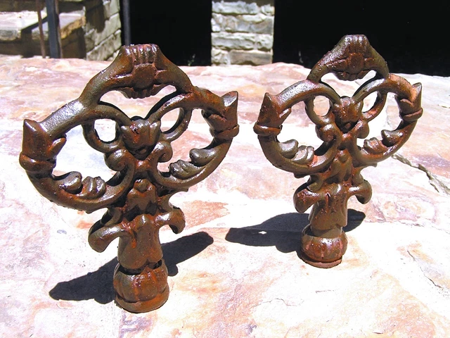 TWO solid cast iron key style finials sealed rust finish 3