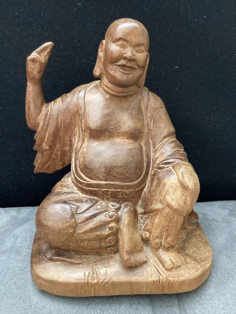 Vintage Asian hand carving wood statuette Budai Laughing Buddha 7.5 Inches Tall