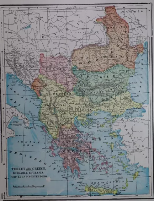 Old 1902 Cram's Atlas Map ~ ROUMANIA, BULGARIA, SERVIA ~ (11x14)  ~Free S&H #653