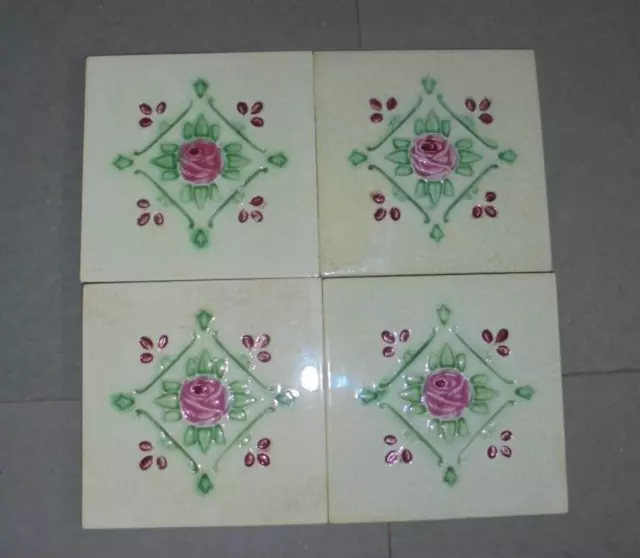 4 Pc Vintage Flower Embossed Decorative Art Ceramic Tiles , England