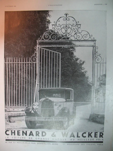 Publicite De Presse Chenard-Walcker Automobile Voiture De Grande Marque Ad 1931