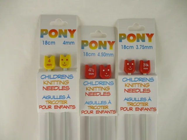 PONY Childrens Knitting Needles 18cm - Plastic or metal - various sizes