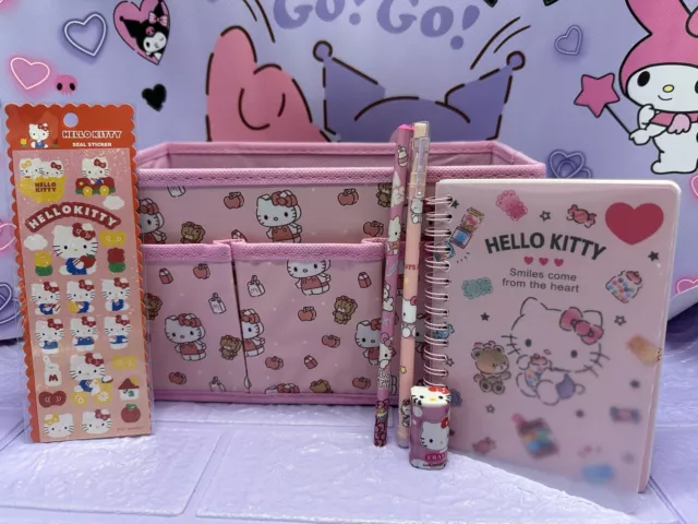 Hello Kitty Storage Desk Tidy Organiser Stationary Notebook Stickers Pen Bundle