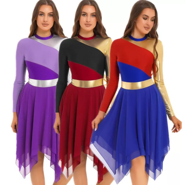 Womens Color Block Long Sleeve Patchwork Irregular Hem Dance Dresses Dancewear