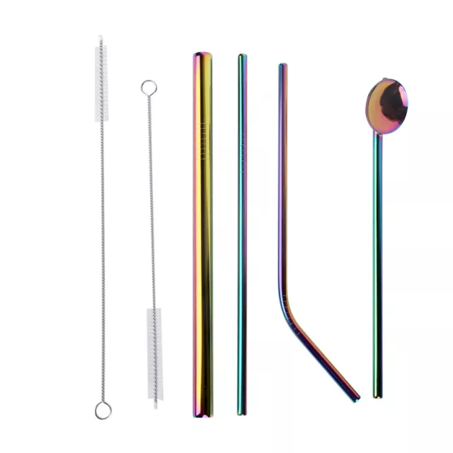 14 7pcs/set Reusable Metal Drinking Straw Spoon Bent Straight Straws Cleaning UK