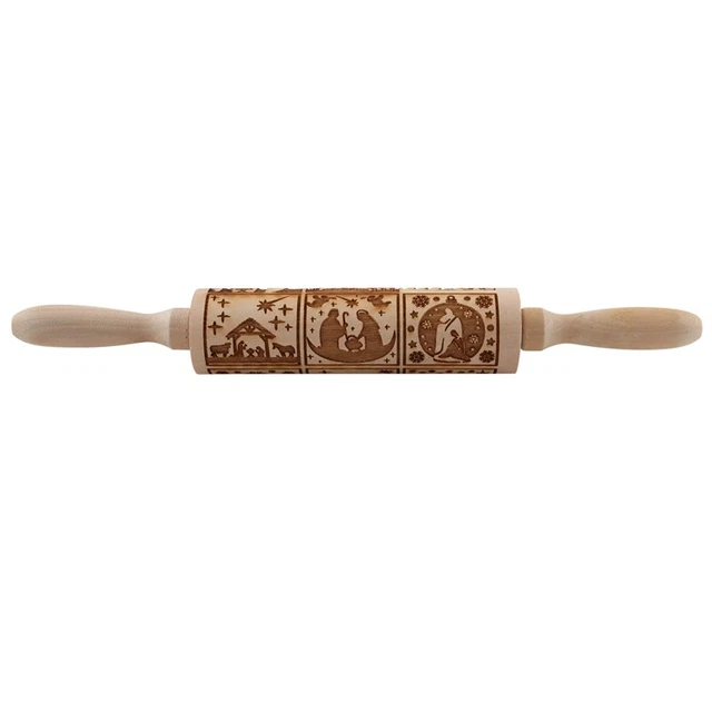 Pin rodante de madera en relieve de Navidad patrón de natividad Navidad con 9 diferentes Y6K8