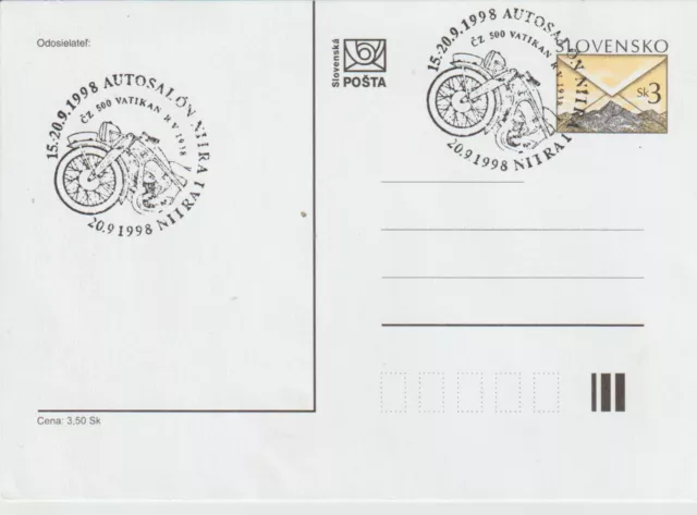 Motorrad CZ 500, Stempel 1998 auf Postkarte Slowakei