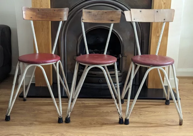 Set Of Three Vintage Mid Century 1950s Atomic Industrial Hairpin Stools Restore