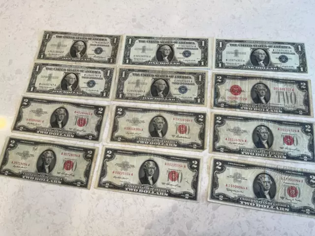 Lot of 12 $1 Silver Cert and $2 Bills, VG to AU+ one Star note