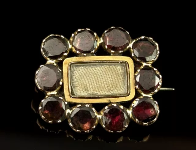 Antique Victorian flat cut garnet Mourning brooch, 9ct gold