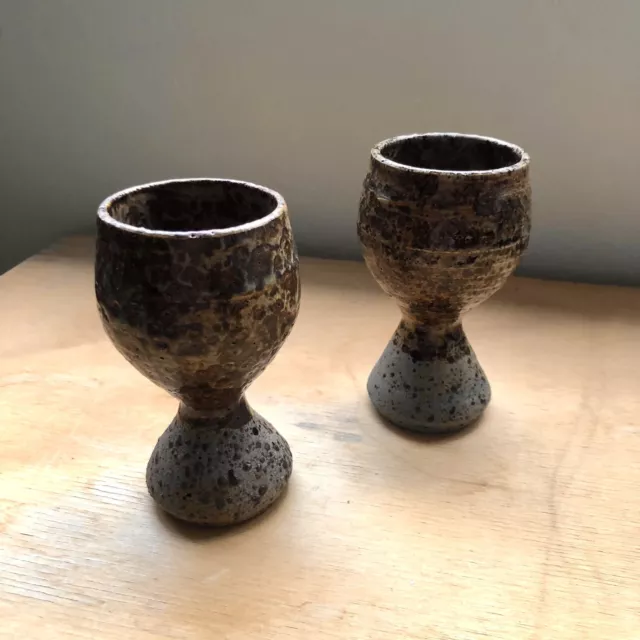 Vintage 1970s small, speckled, ceramic goblet pair. Australian Studio Pottery.