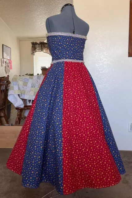 1950s inspired Red, Blue, Gold Tea Dress w/ White Ribbon Trim - Size: 14 (USA) 2