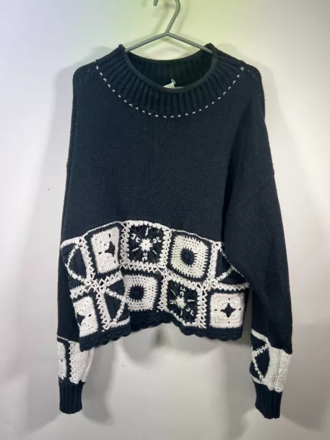 Ladies Wallis Vintage 90s Cropped Granny-square Oversized Navy Jumper Size S