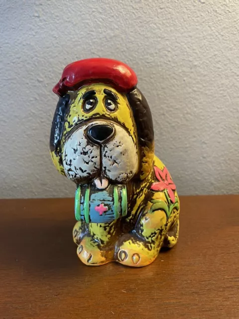 Vintage 1960's St Bernard with Whiskey Barrel Paper Mache Coin Bank
