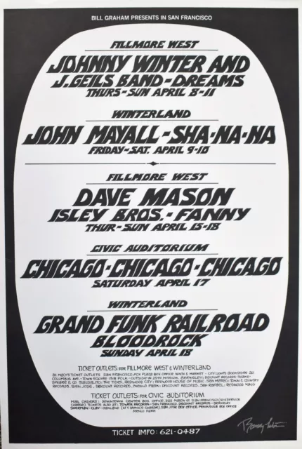 Bill Graham Presents Concert Poster 1971 JOHNNY WINTER CHICAGO GRAND FUNK RAI...