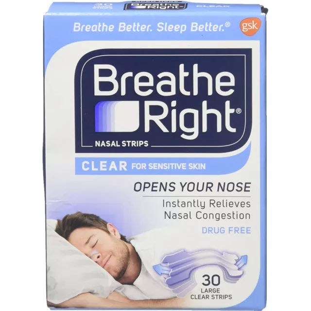 Breathe Right Nasal Strips For Sensitive Skin - 30 Large Clear Strips